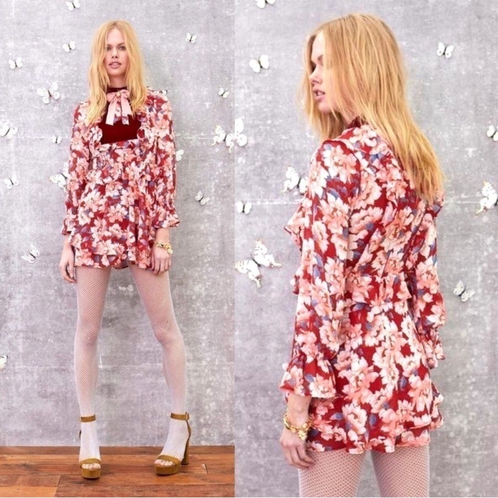 For Love & Lemons Blossom Chiffon Velvet Rose Floral Print Mini Dress